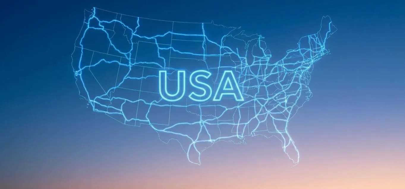 The Map of the USA States with Outlines of Roads